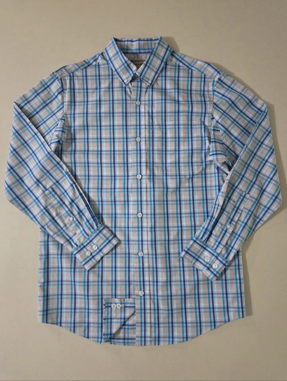 Duluth Trading Co. Men's Blue Plaid Wrinklefighter Relaxed Fit Long Sleeve Shirt